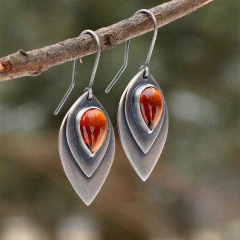 Ethnic Waterdrop Inlaid Orange Red Stone Earrings Vintage Silver Color Metal Carving Leaves Dangle Earrings for Women