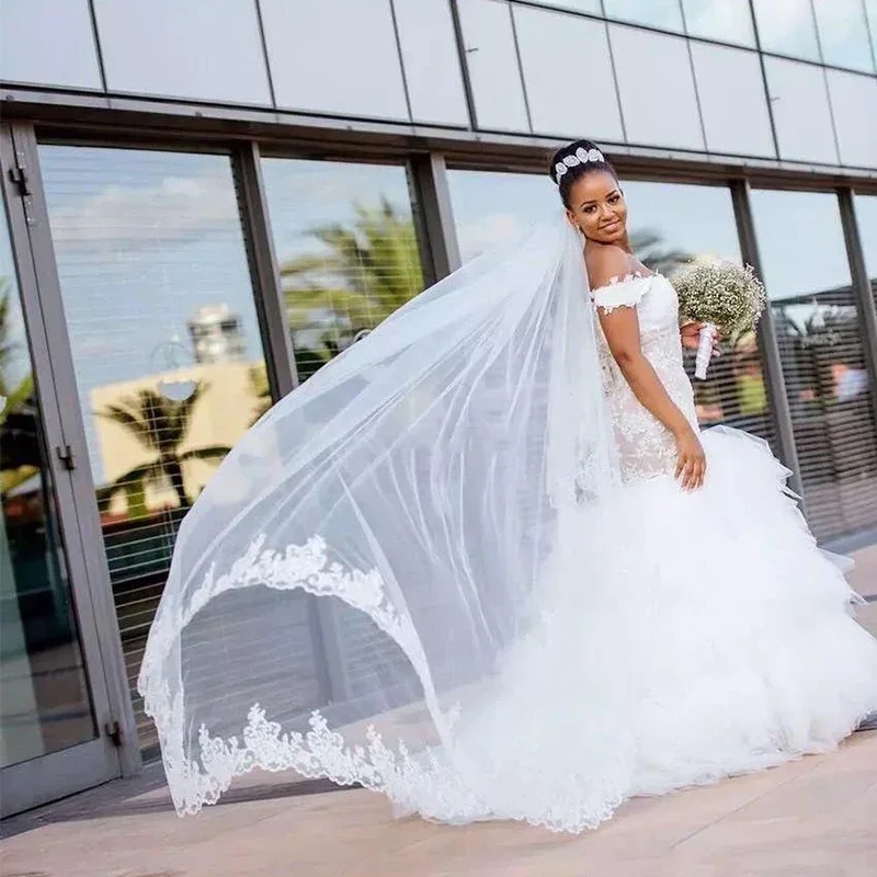 Customized Plus Size Off Shoulder Mermaid Bridal Gown Sexy African Custom Made Wedding Dress With Puffy Tail