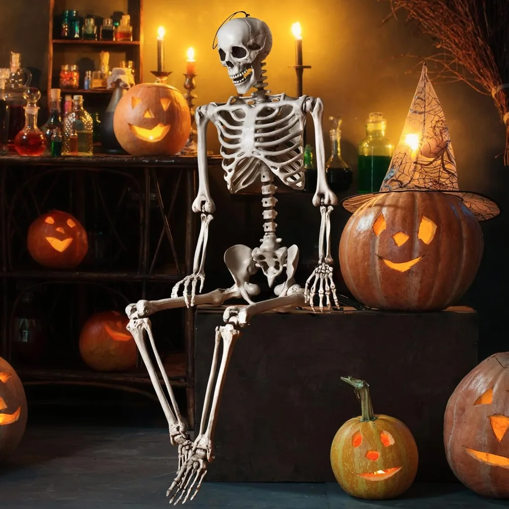 Halloween Life Size Full Body Skeleton, 5.4Ft Festival Skeleton Prop Decoration w/7 Movable Components, Sturdy Rope, Halloween