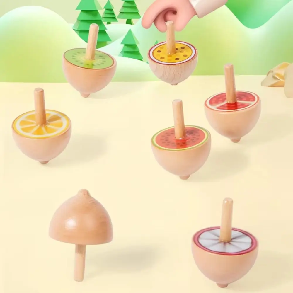 6piece/set Colorful Fruit Wooden Spinning Top Natural Wood Cartoon Animal Rotating Gyro Spinning Rotating Wooden Gyro Set