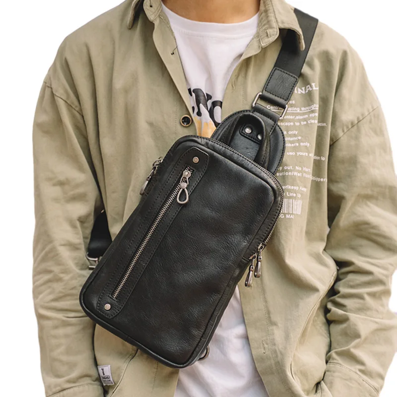 Genuine Leather Chest Bag Men Crossbody Man Fashion Shoulder High Quality Leather Multifunction Zipper For 9.7 Inch Ipad