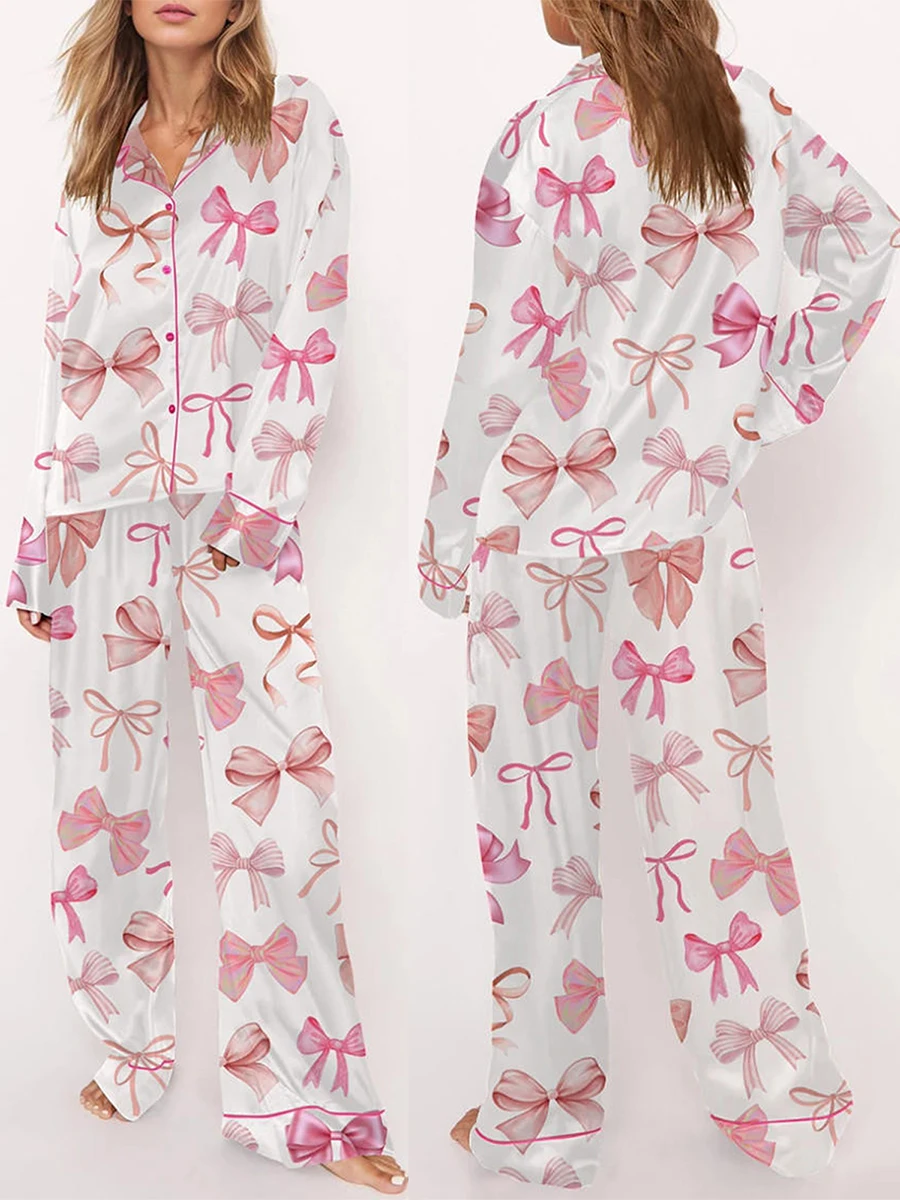 2024 Fall Cute Silky Pink Bow Pajamas Set Women Fashion 2 Piece Satin Preppy Pjs Pants Button Pajama Shirts Set Casual Homesuit