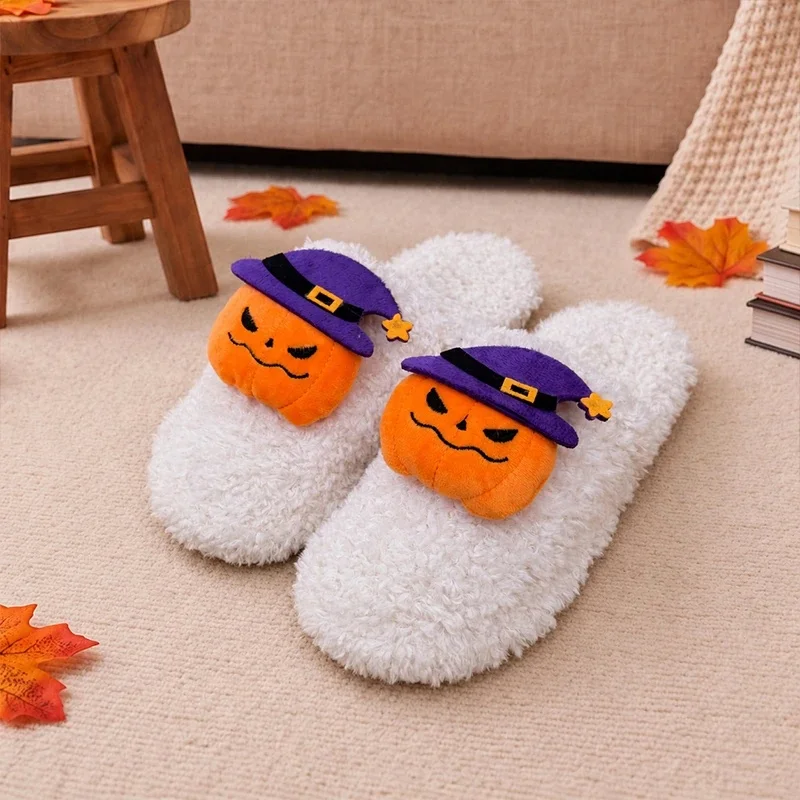 SHAJI Unisex Halloween Pumpkin Ghost Bat Spooky Plush Slippers Warm Non-Slip Fluffy Indoor Home Shoes for Couples