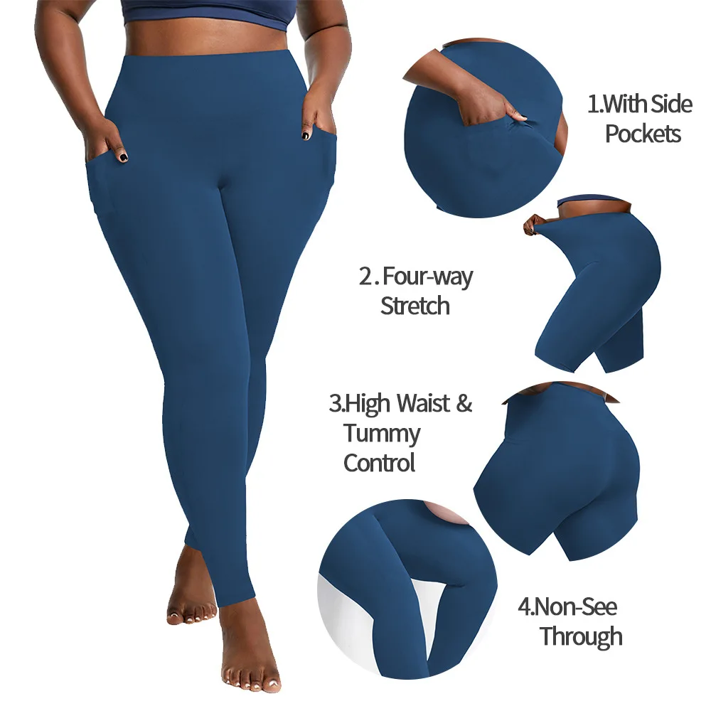 �Damen-Yoga-Leggings in Übergröße mit hoher Taille und Taschen | Bauchkontrollierende, hüftbetonte Workout-Strumpfhose in einfarbigen Farben für das Fitnessstudio – Detail 3