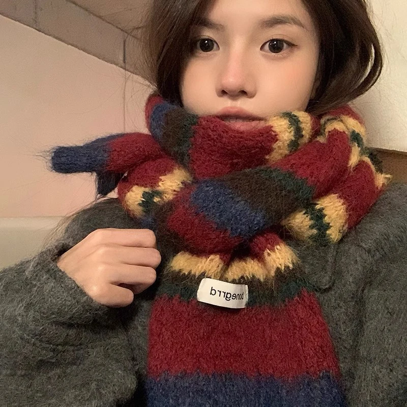 Korean Style Retro Colorful Striped Knitted Scarf Women Winter Thick Warm Fleece Soft Knitted Couple Neck Scarf Couple All-match