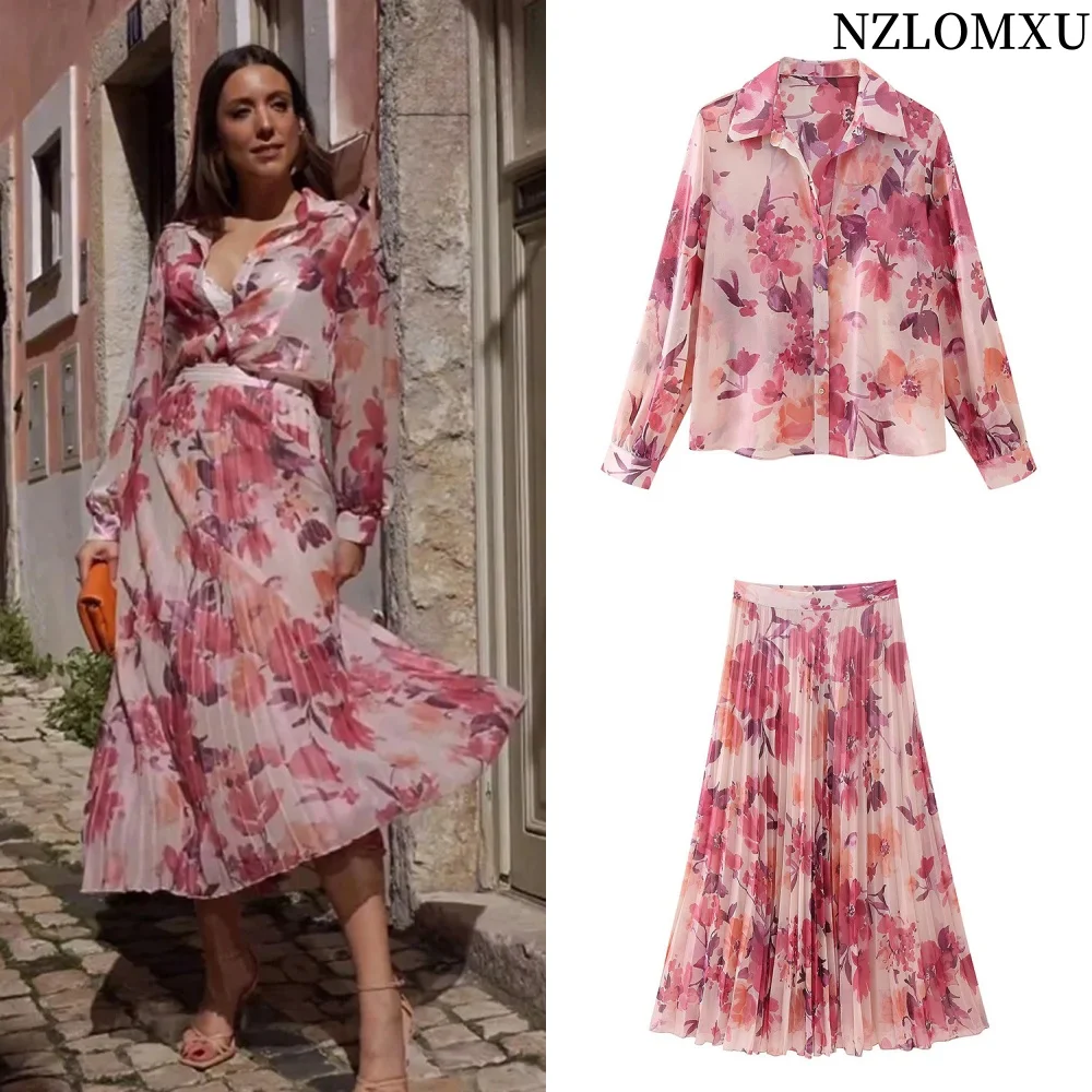 

2025 Spring Woman 2 Pieces Shirt And Skirts Sets Fashion Floral Printed Shirts Suit+Midi Skirts Two Pieces Set Women Outfit