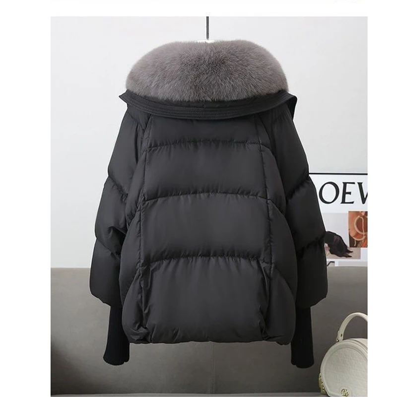 Winter Nieuwe Bontkraag Puffer Down Parka Losse Down Warmer Dikker Sneeuw Jas Zak Rits Nepbont Bovenkleding Vrouwelijke
