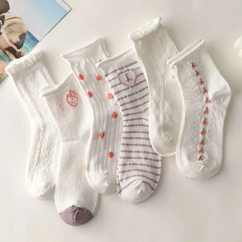 6 Pairs/Lot Pure White Medium Tube Socks Women Cute Japanese Bubble Mouth Lace Stockings JK Uniform Lolita Korean Socks