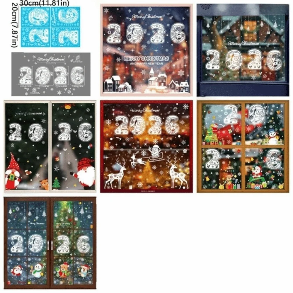 2026 Christmas Window Sticker Elk Snowman Design Santa Claus Pattern Electrostatic Glass Sticker Merry Christmas Theme