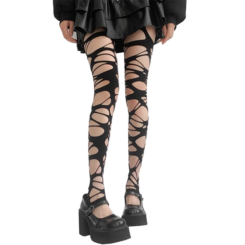Sexy Black Ripped Fishnet Tights Fashion Women Gothic Punk Hollow Out Tight Mesh Pantyhose Stockings Leggings Style Streetwear