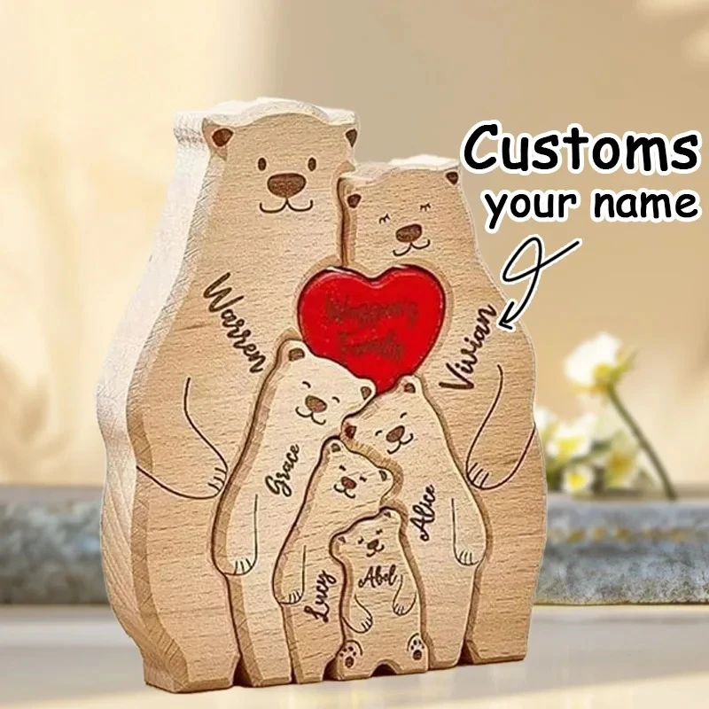 Personalized Wooden Art Bear Puzzle for Families Free Customization Name Family Anniversary Holiday Warm Gift Home Decoration