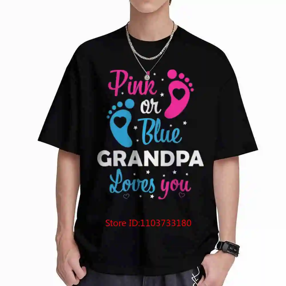 Grandfather Gender Reveal Pink Blue Footprints Grandpa Loves You Short Sleeve Tee 100% Cotton T-Shirt