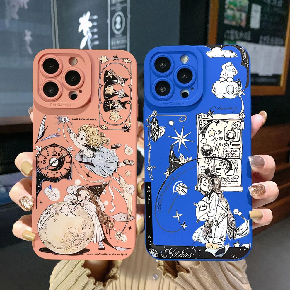 for iPhone 15 Pro Max 14 Plus 13 Pro Max 12 iPhone 11 XR 8 7 SE 2022 XS Max Cute Magic Girl Square Case Cover