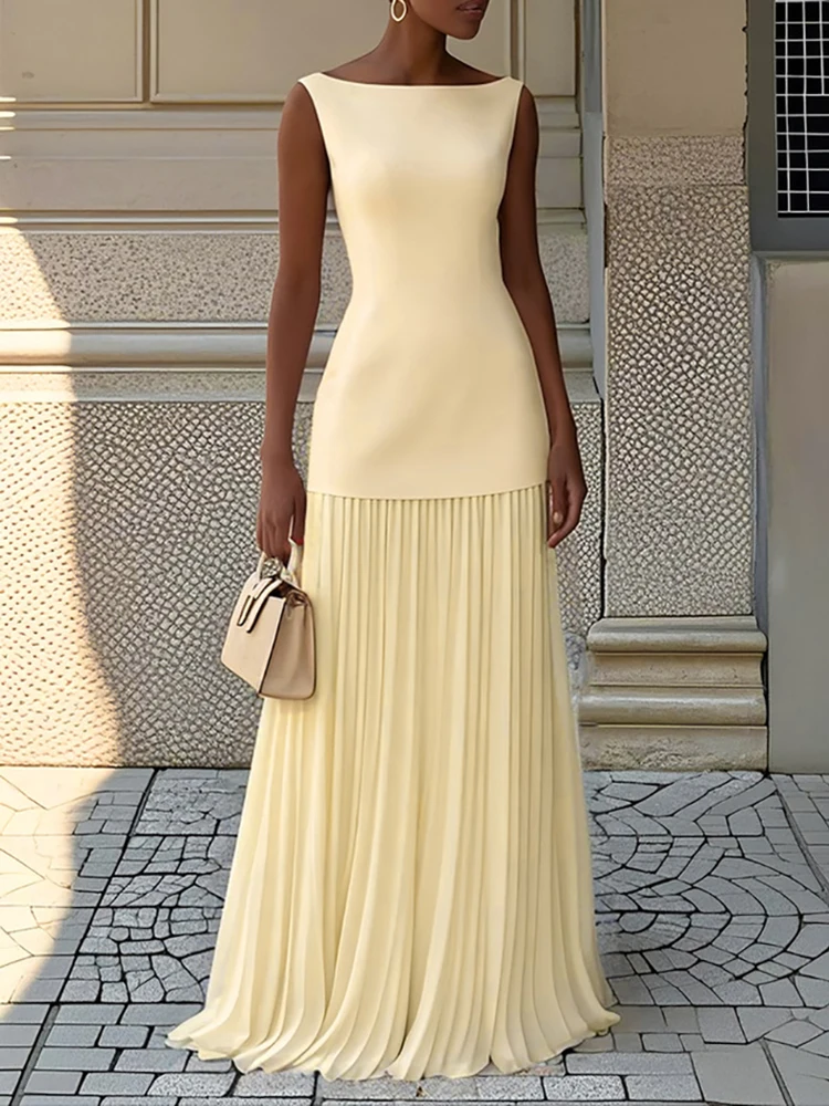 Slash Neck Female Casual Chic Outfit, Women Summer Sleeveless Maxi Skirts 2PCS Sets, 2025 Solid Patchwork Elegant Ladies Suits