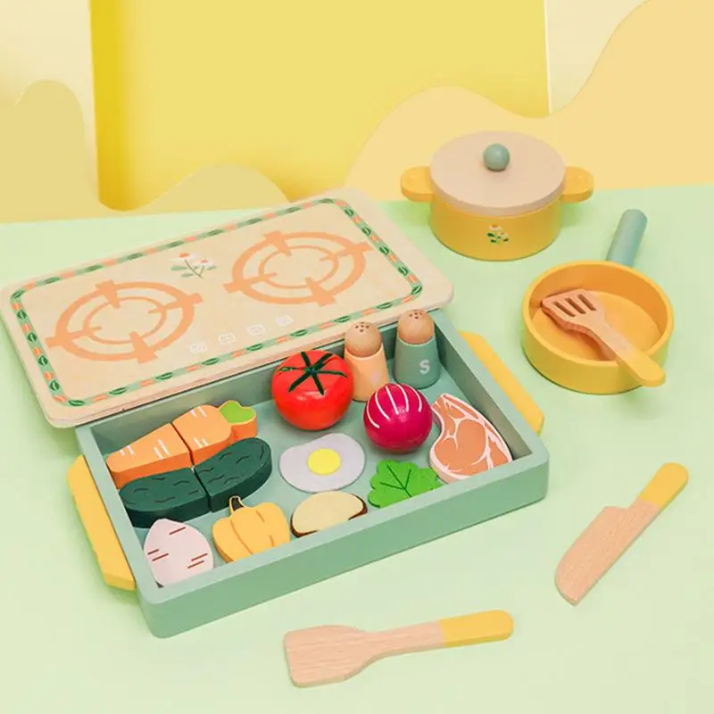 Juegos de cocina para niños, juego de simulación de comida, utensilios de cocina de madera con ollas, palas, accesorios para verduras para niños y niñas