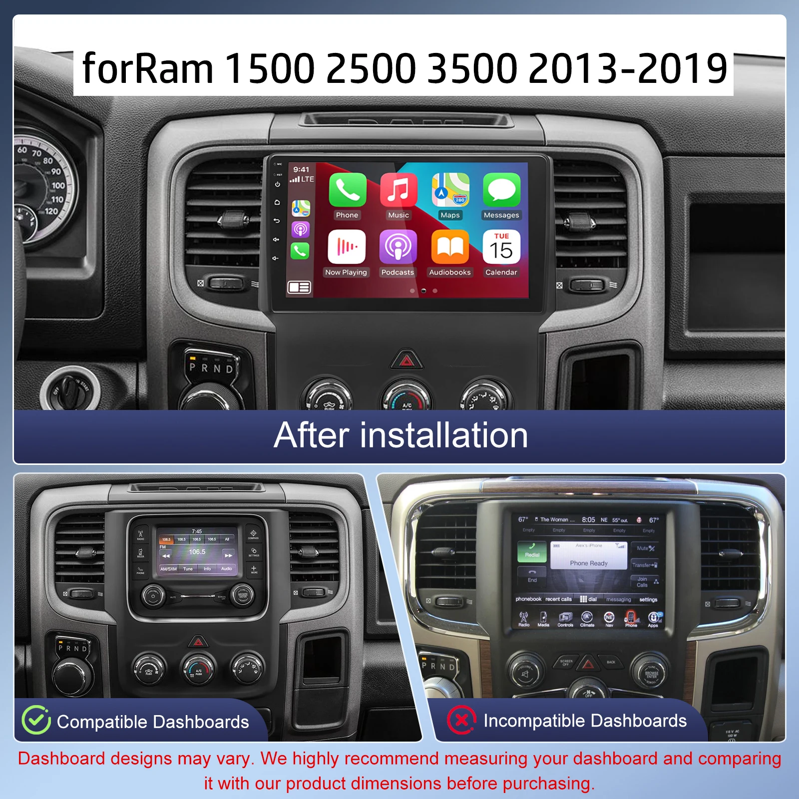 

Автомагнитола 2+32G для Ram 1500 2500 3500 2013-2019, 9-дюймовый Android 13 GPS-навигатор, мультимедийный проигрыватель с поддержкой CarPlay