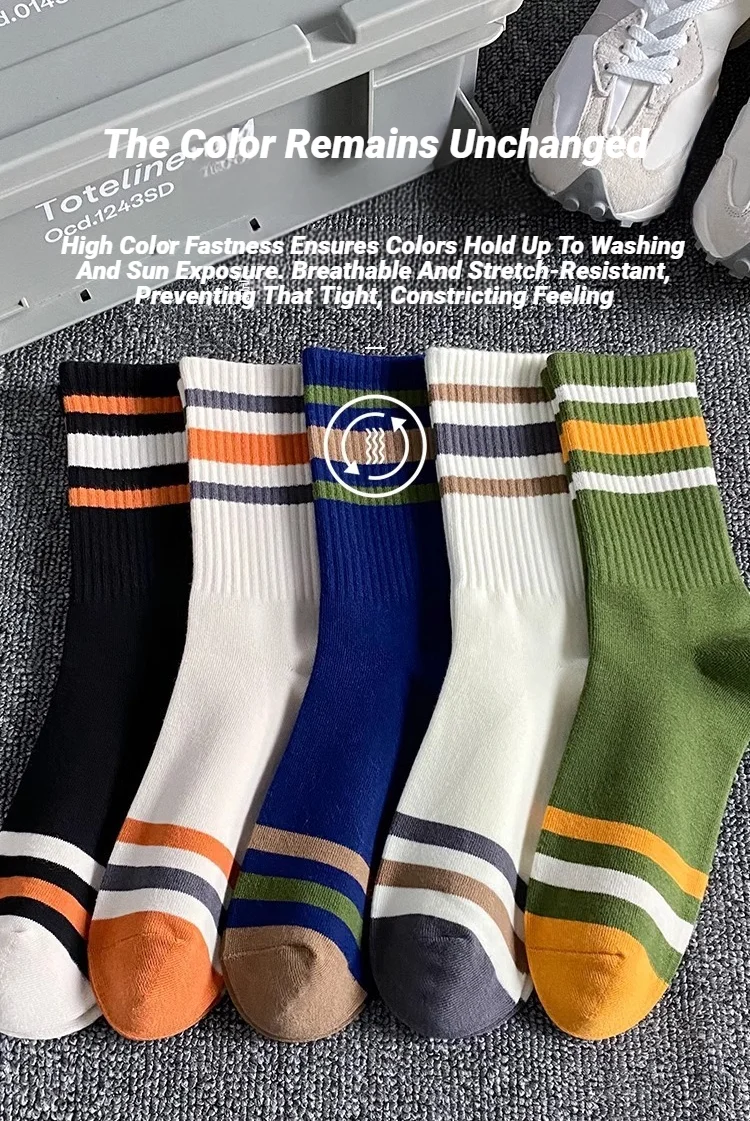 5 Paar bunt gestreifte Freizeitsocken für Herren, modische, schweißabsorbierende und atmungsaktive Sportsocken, geeignet für alle Jahreszeiten, weich – Detail 5