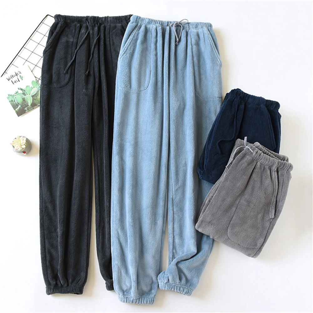 New Plush Winter Thick Sleep Men Pants Flannel Sleep Bottoms Plus Velvet Home Pajama Coral Fleece Male Sleepwear With Pocket