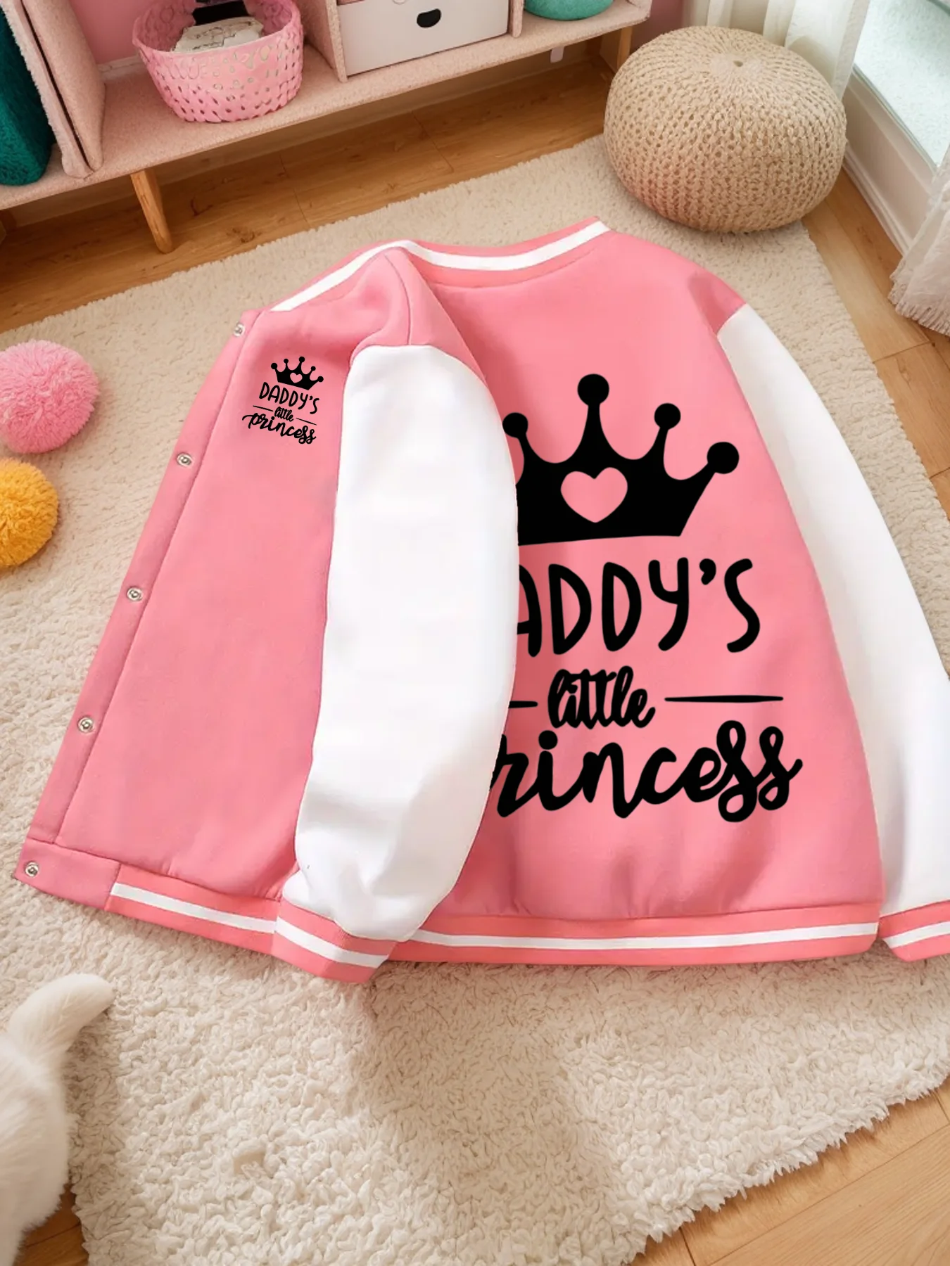 Autumn And Winter Casual And Fashionable Girls' Letter Cartoon Printed Pink Baseball Jackets, Suitable For Daily Outings