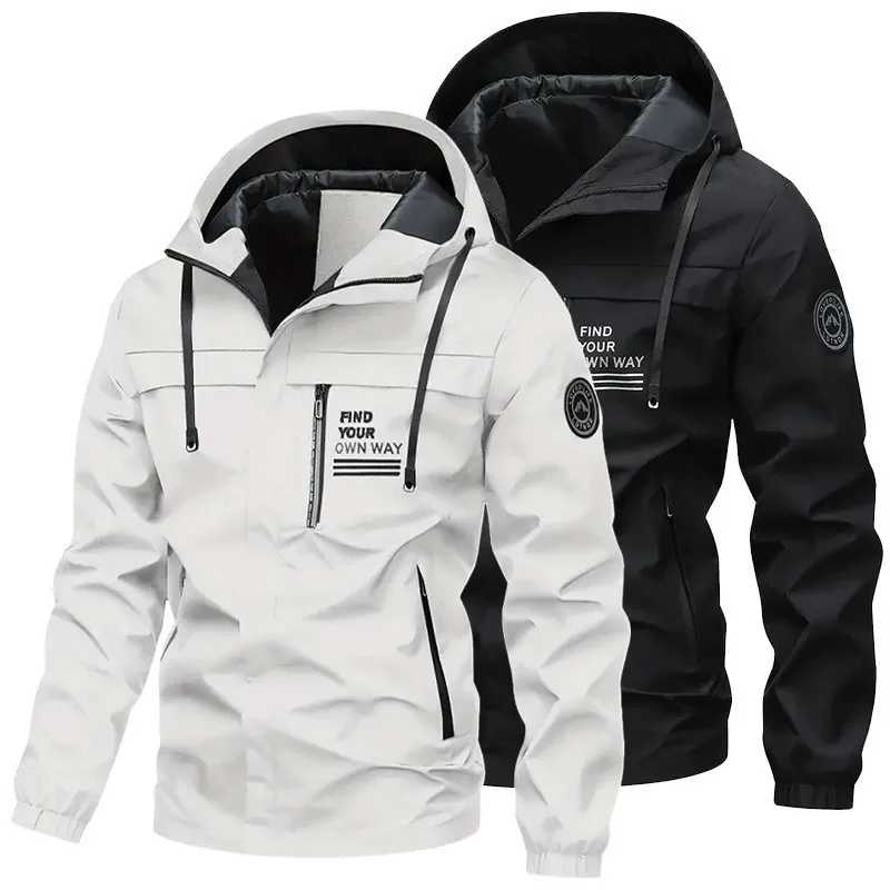 

Men's Spring Autumn Casual Outdoor Jacket Waterproof Windbreaker Stand Collar Hooded Zipper Windproof Warm Side Welt Pockets