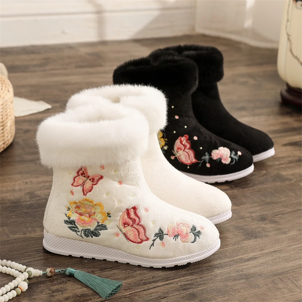 Women Fashion Autumn Winter Short Hanfu Boots Ethnic Style Dance Plus Velvet Cotton Snow Shoes Ancient Costume Embroidered Flats