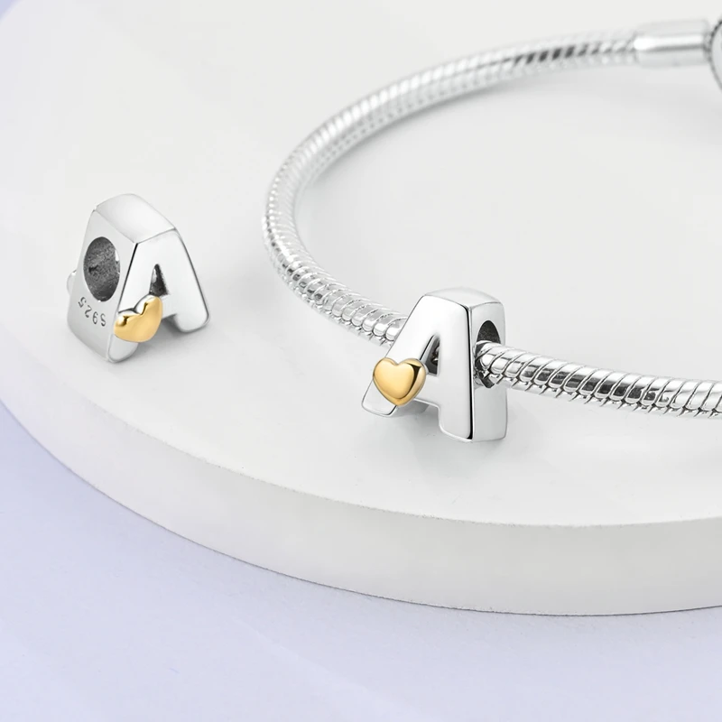 New 925 Sterling Silver Cute Gold Lucky Heart 26 Letter Series Charms Beads Fit Pan Original Bracelets DIY Gifts Fine  Jewelry image 2