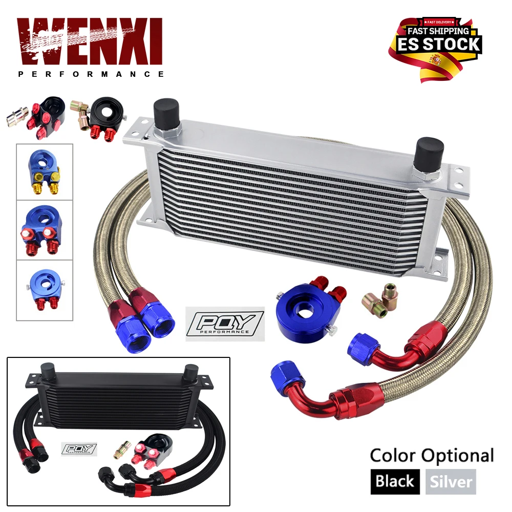 

Universal 16 Rows Oil Cooler Kit +Oil Filter Sandwich Adapter + Stainless Steel Braided An10 Hose W/ PQY Sticker+Box