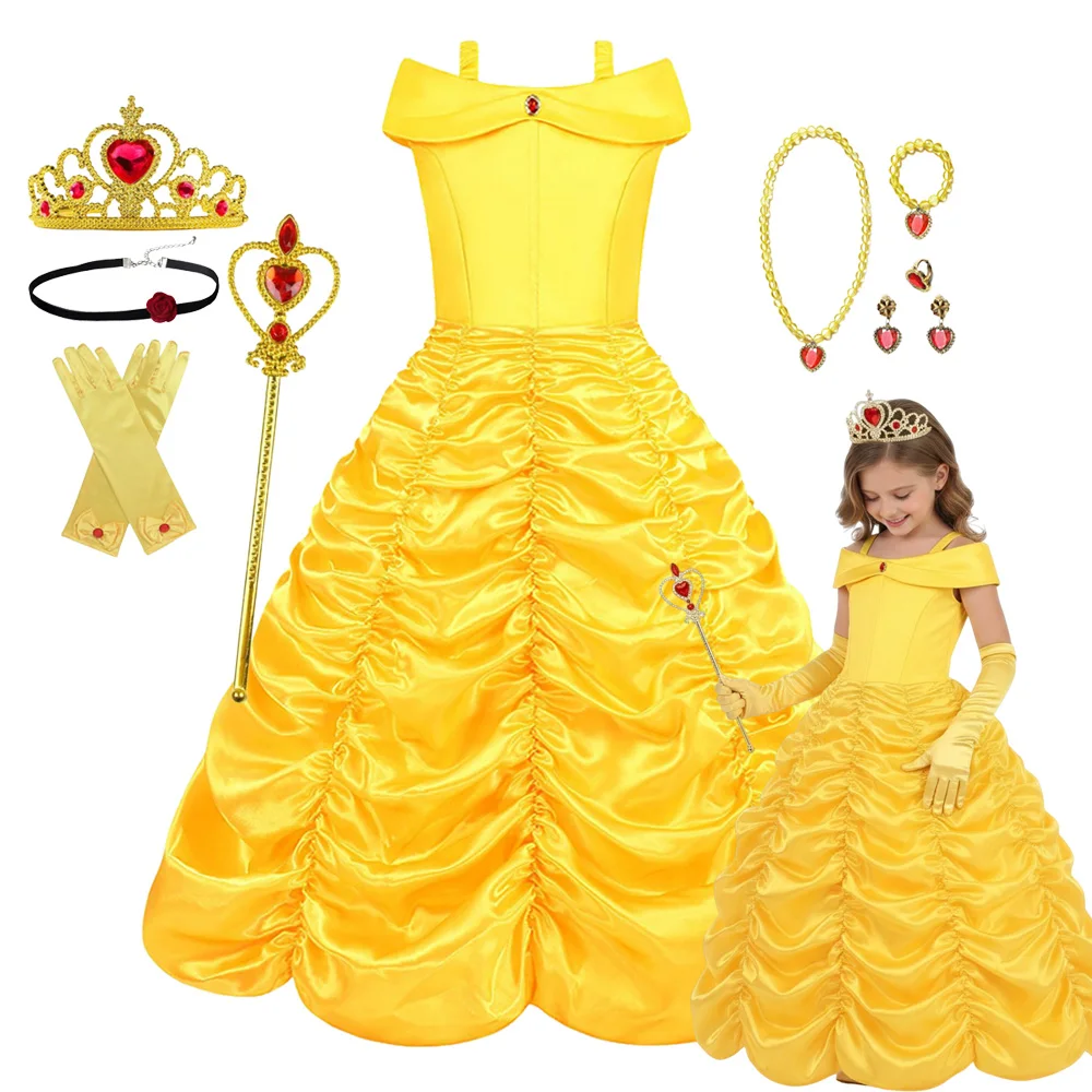 Girls Belle Princess Dress Luxury Prom Halloween Cosplay Costume Birthday Gift Party Disguise Children Dress