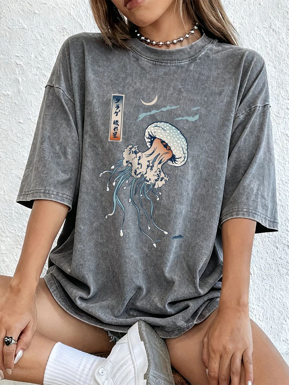 Damskie koszulki oversize z bawełny z nadrukiem japońskich meduz, miękkie, codzienne bluzki z krótkim rękawem, letnie ubrania z okrągłym dekoltem.