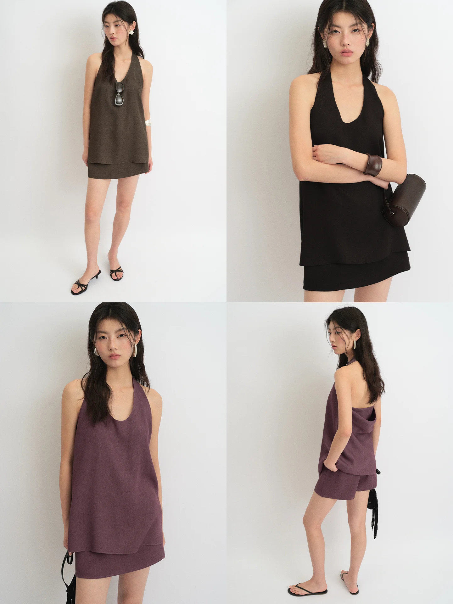 

Linen Blend Deep U Neck Top Elastic Waist Short Skirt Pants Texture Slimming Paper Doll Set Breathable Casual Spring Outfit