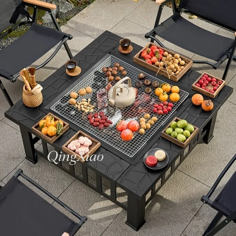 

Square Charcoal Fire Pit Table for Roasting Tea BBQ Grilling Heating Outdoor Household Carbon Grill Table for Family Party