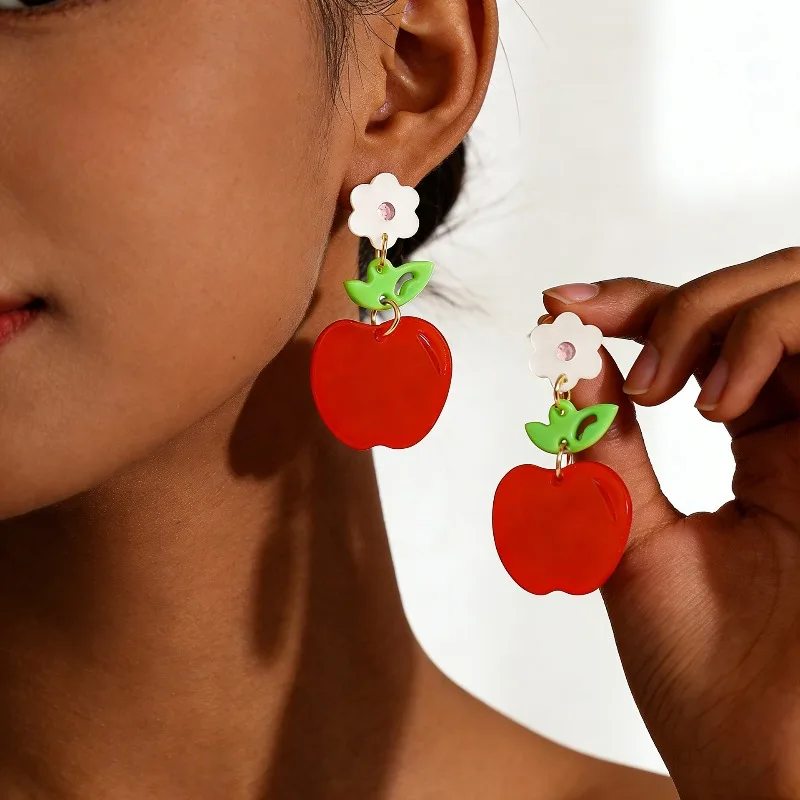 

Fresh and sweet cartoon fruit earrings, fashionable summer style apple flower acrylic women's accessories