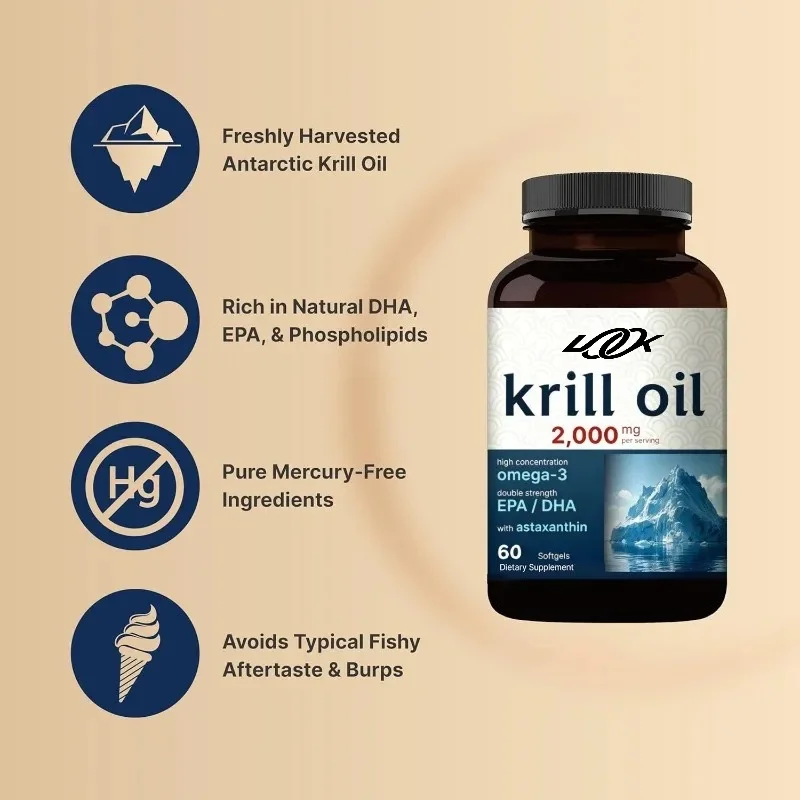 Antarctic Krill Oil 2000mg Supplement, 60 Soft Capsules Omega-3 Containing 240mg EPA+160mg DHA+800mcg Astaxanthin