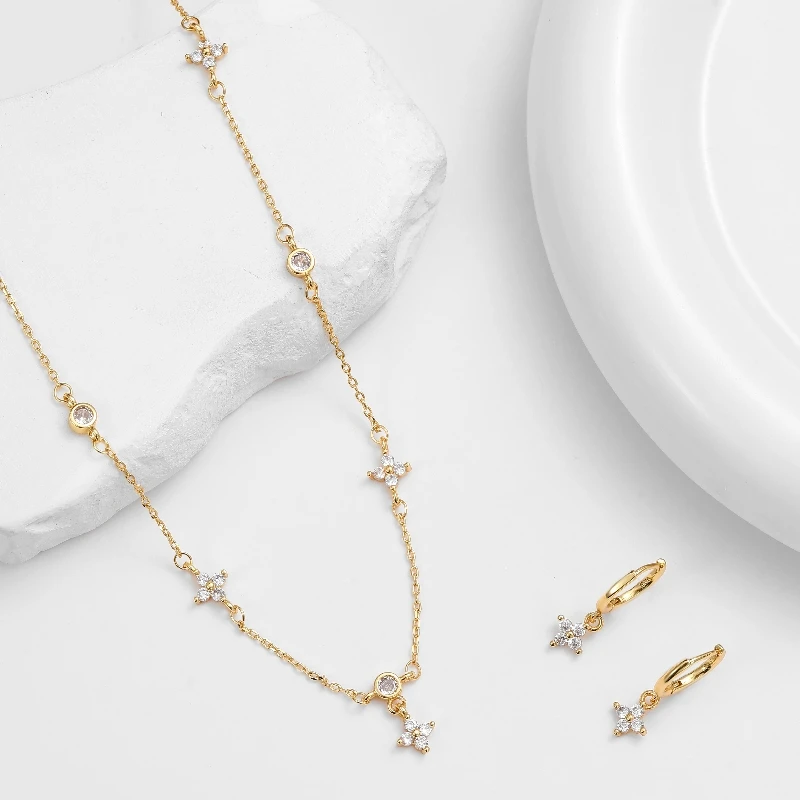 ANENJERY Four-leaf Flower Zircon Chain Jewelry Sets With Necklace Bracelet Earring for Women Light Exquisite Trendy Jewelry Gift