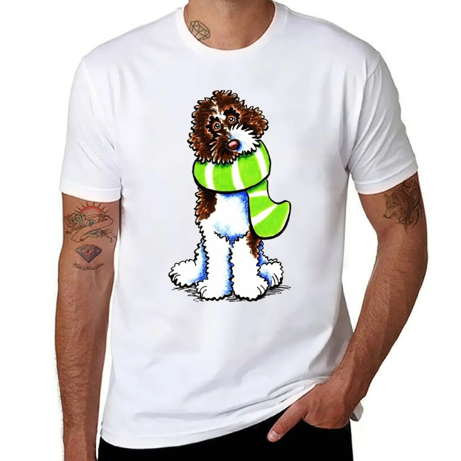 

Chocolate Parti Labradoodle Happy Striped Scarf T-Shirt t shirt custom print t shirts with prints T-Shirt