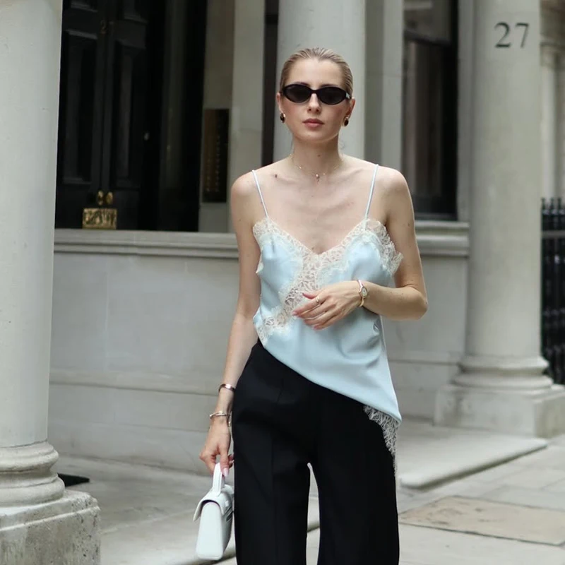 非対称レーストップ女性のコルセットノースリーブタンク & キャミソール夏のストリートスタイルキャミソールイエローブラックセクシーでエレガントなスリップドレス