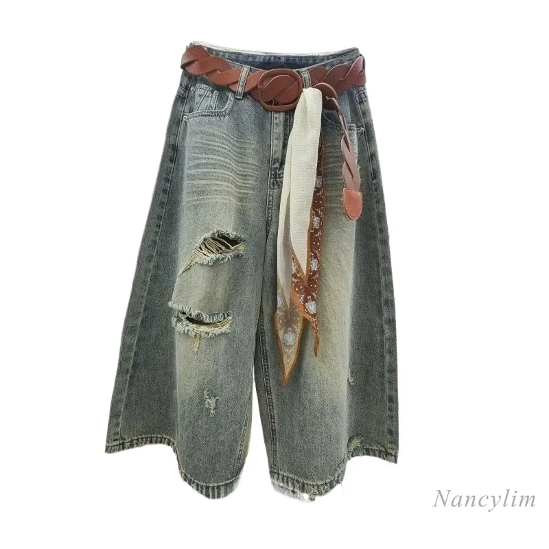 

2026 Summer Korean Style Versatile High-waisted Slimming Cropped Denim Jeans with Scarf-woven Belt and Distressed Details, Women
