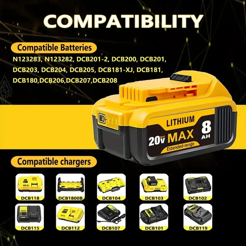 DCB205 20V 8.0Ah Lithium-ion Battery Replacement Battery For Dewalt 18V DCB609 DCF850 DCD805 For Flexvolt Tools
