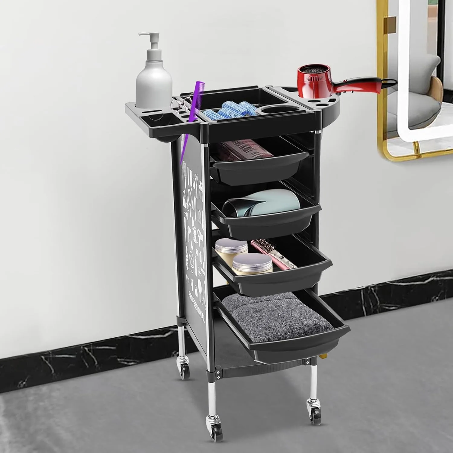 Chariot de salon avec serrure, coiffeur à 4 côtés de proximité, maison concise, coiffure, outil de proximité pour salon de beauté