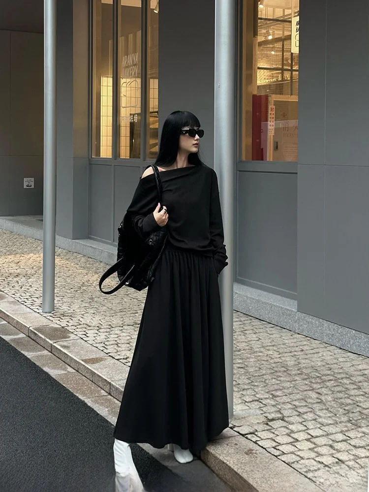 

High Waist Cotton Midi Skirt Venuii Fake Hip Concealing Loose Silhouette Lengthening Legs Pleated A-Line Skirt for Women