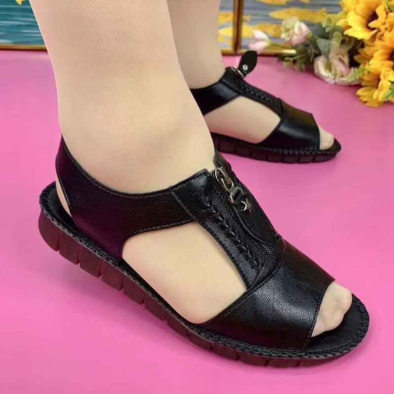 Women Sandals Summer Retro Pu Leather Sandalias Mujer Soft Casual Shoes for Women Summer Footwear Mother Low Heels Shoes Female