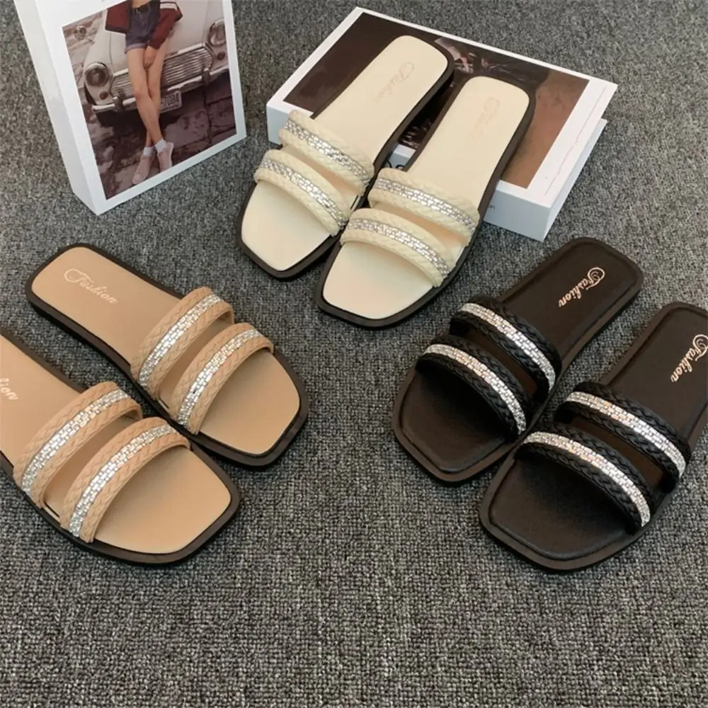

Luxury Crystal Flat Slippers Anti-slip Color Blocking Slides Sandal Soft Sole Beach Shoes Square Toe Slippers Women Summer