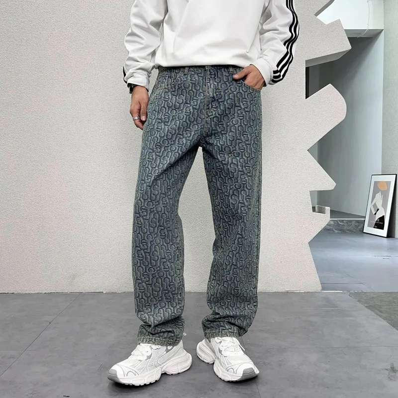 Hip-Hop Street Design Full Printed Washed-out Vintage Wide Leg Jeans Men's American Style Trend Loose Casual Straight Trousers