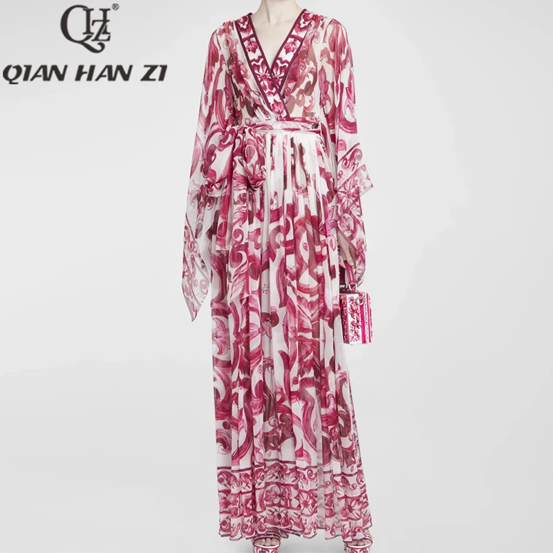 

Designer Qian Han Zi Fashion Beach Long Dress Women's V-neck Bat sleeve picture printing Belt slim Vacation Vintage Maxi dress