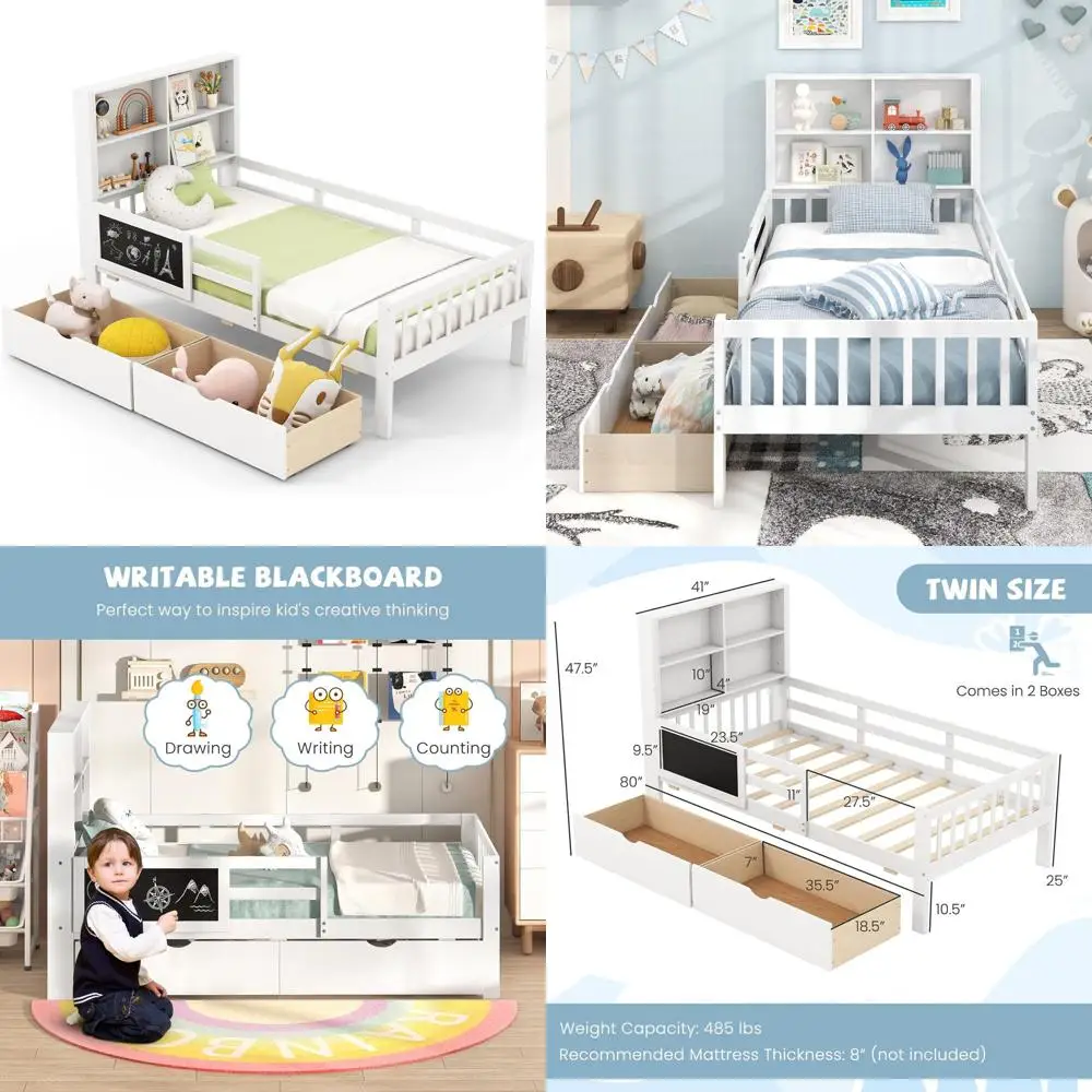 

Двуспальная кровать из массива дерева с ящиками для хранения, книжным шкафом, доской для рисования, защитными бортиками и ламельным основанием для детей, белая