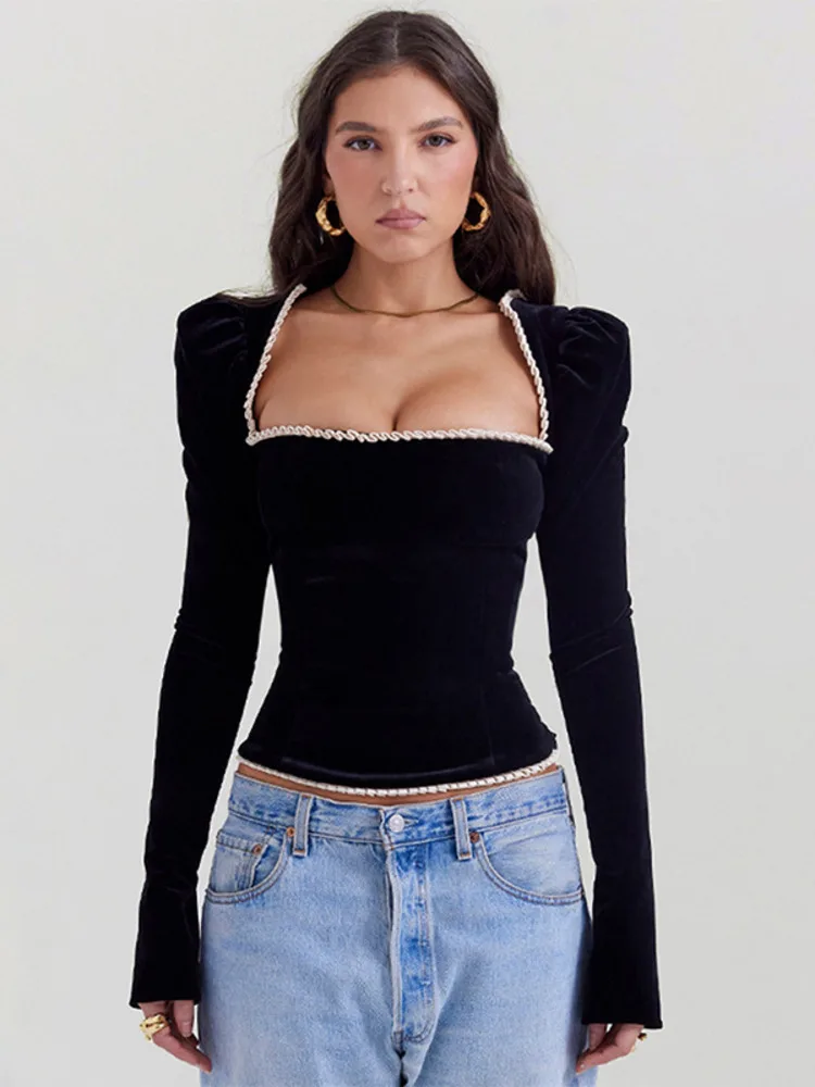 Mozision Square Collar Backless Bandage Sexy T-shirt Women Autumn Winter New Black Shoulder Pad Sleeve Skinny Sexy Party Tops