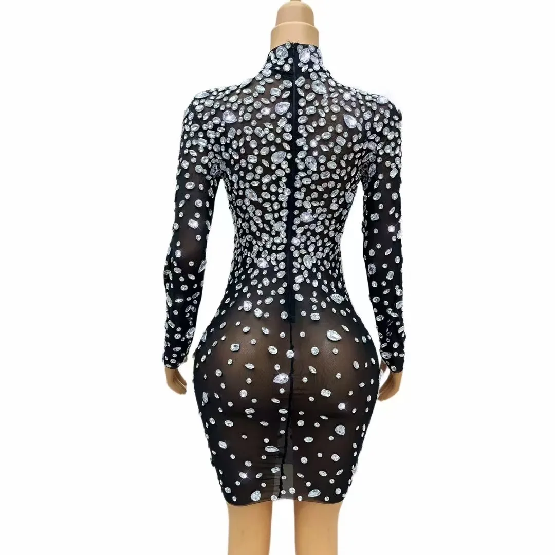 Sexy Transparent Mesh Flashing Big Silver Rhinestone Dress Birthday Evening Nightclub Party Luxury Gown Singer Perform Costume