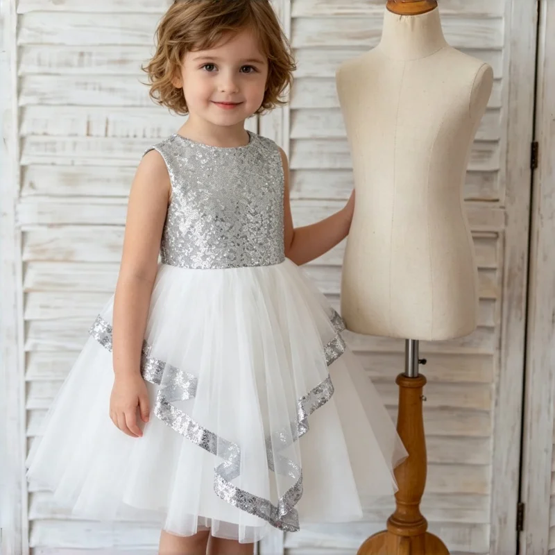 Sleeveless Silver Sequin Tulle Flower Girl Dress Round Neck Multi Strap Deep V Back Big Sequin Bow Kids Pageant Wedding Gown