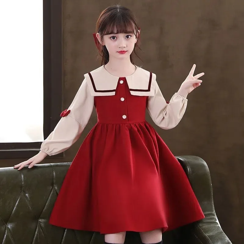 2024 Children Clothes winter Autumn Girls camisole party Dress patchwork Kids mesh lace Long Sleeves braces skirt 8 9 10 12 year