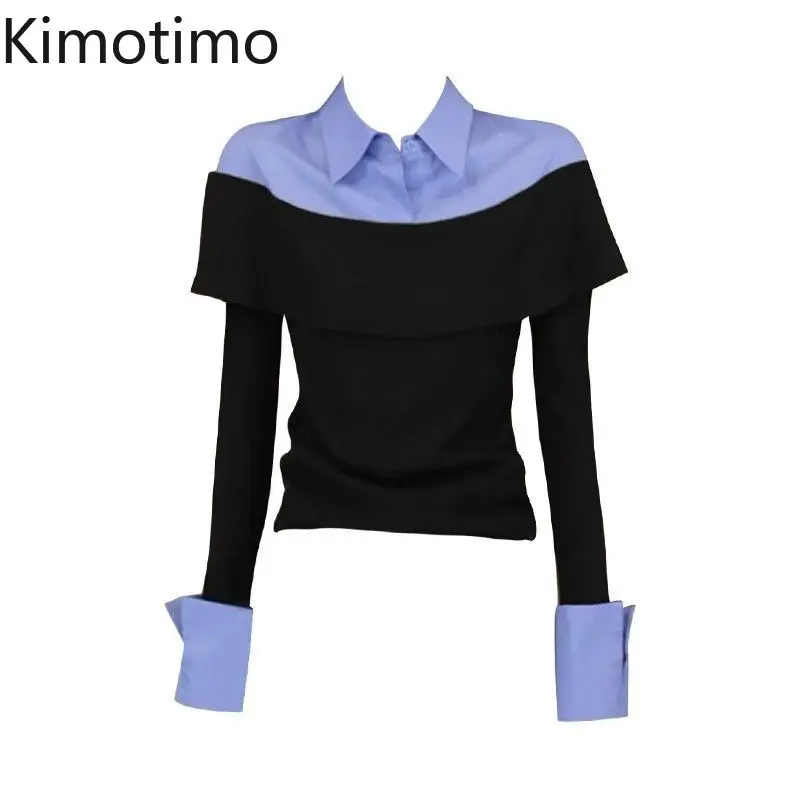 Kimotimo Women Shirt Fake Two Piece Patchwork Lapel Slim Fit Y2k Aesthetic Tops Autumn Vintage Fashion Long Sleeve Blouse Camisa